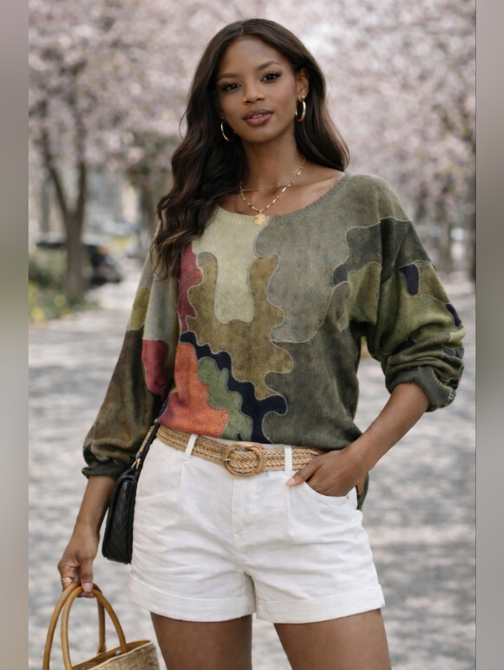 Colorful Camo Knit Sweater Made in Italy | Chic Oversized Dolman Top
